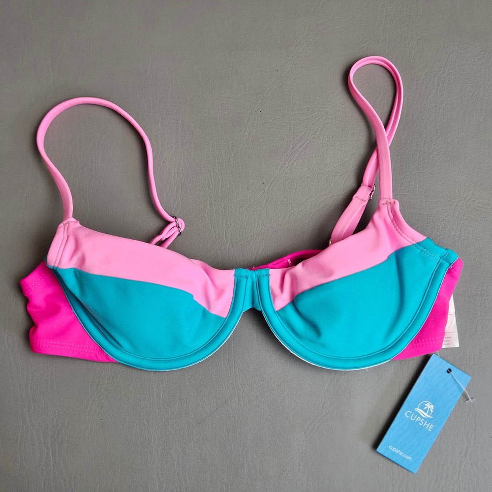 Cupshe Pink Teal Colorblock Underwire Bikini Top Size S  NWT